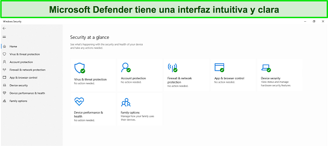 Captura de pantalla del men&uacute; principal de Microsoft Defender