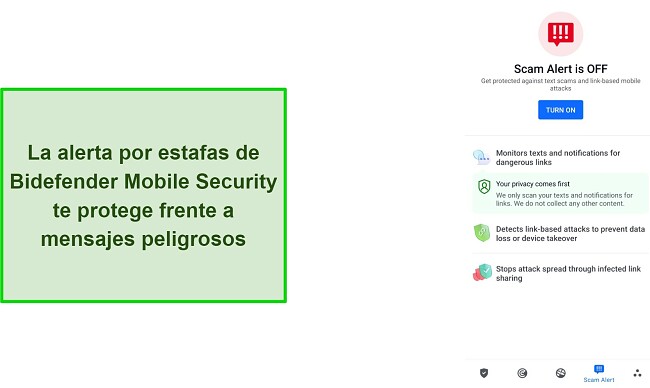 Captura de pantalla de la funci&oacute;n de alerta de estafas de Bitdefender Mobile Security