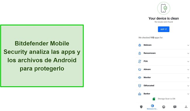 Captura de pantalla de los resultados del escaneo de seguridad m&oacute;vil de Bitdefender