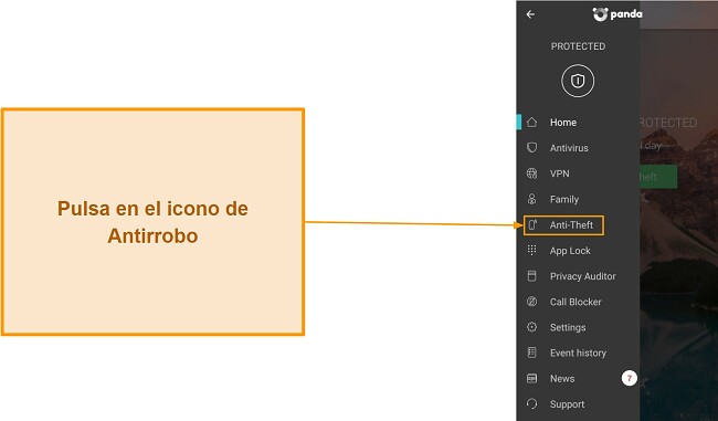 Captura de pantalla del men&uacute; principal de Panda Dome