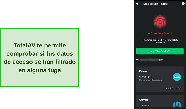 Captura de pantalla de la verificaci&oacute;n de brecha de datos de TotalAV