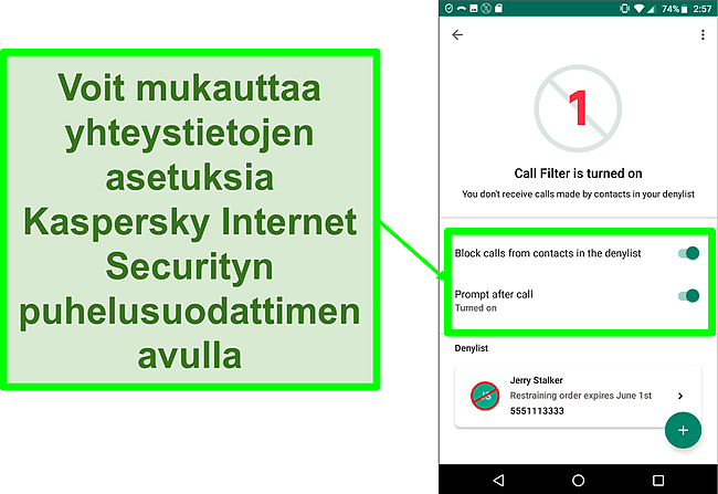 N&auml;ytt&ouml;kuva Kaspersky Internet Securityn puhelusuodatintoiminnosta Android-mobiililaitteessa