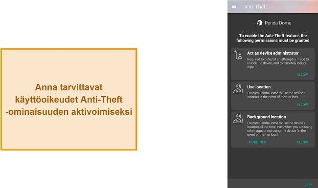 Kuvakaappaus Pandan Dome -sovelluksen varkaudenestoon liittyvist&auml; k&auml;ytt&ouml;oikeuksista