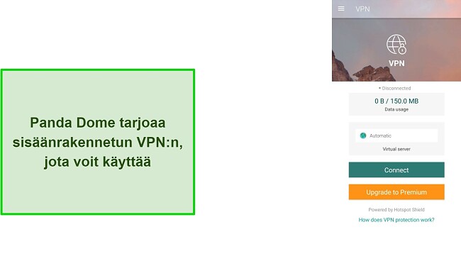 Kuvakaappaus Pandan Dome -sovelluksen sis&auml;&auml;nrakennetusta VPN:st&auml;