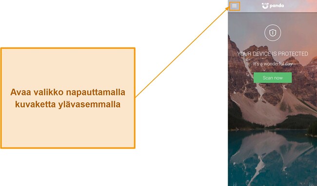 Kuvakaappaus Pandan Dome -sovelluksen p&auml;&auml;valikon avautumisesta