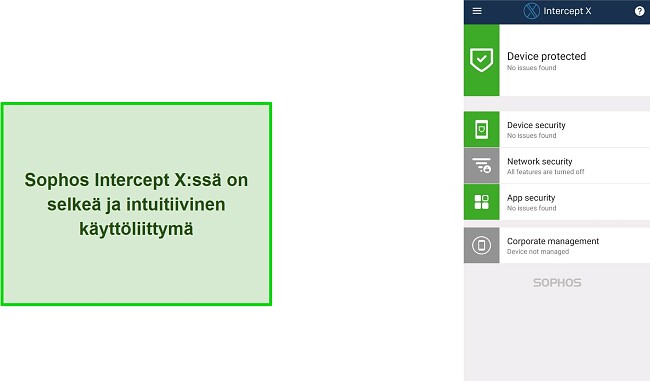 Kuvakaappaus Sophos Intercept X -sovelluksen intuitiivisesta k&auml;ytt&ouml;liittym&auml;st&auml;
