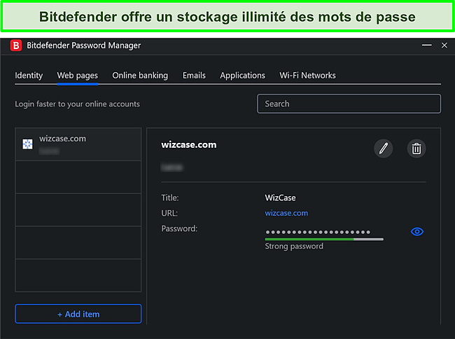 Capture d'&eacute;cran du gestionnaire de mots de passe de Bitdefender.