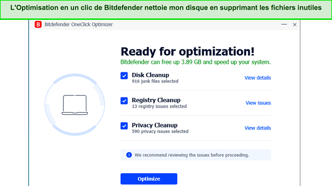 Capture d'&eacute;cran de l'optimiseur OneClick de Bitdefender