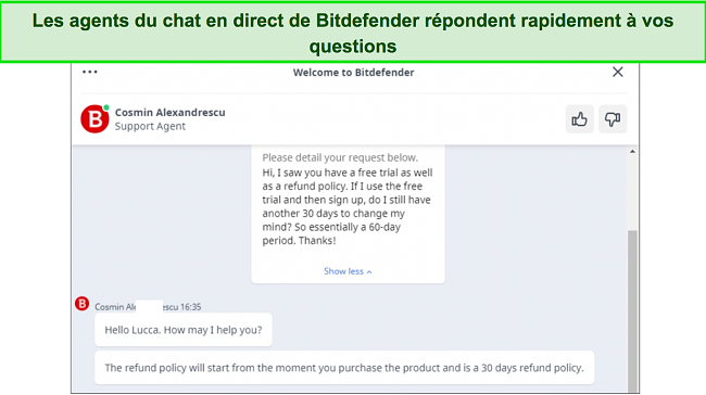 Capture d'&eacute;cran du support de chat en direct de Bitdefender