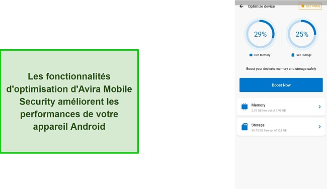Capture d'&eacute;cran des fonctionnalit&eacute;s d'optimisation d'Avira Mobile Security