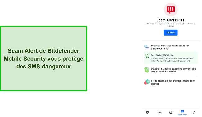 Capture d'&eacute;cran de la fonction d'alerte aux arnaques de Bitdefender Mobile Security