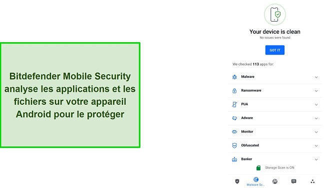 Capture d'&eacute;cran des r&eacute;sultats de l'analyse de s&eacute;curit&eacute; mobile de Bitdefender