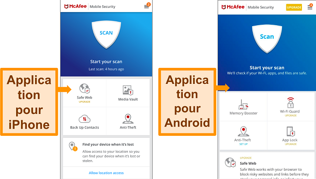 Capture d'&eacute;cran de l'application Android et iOS de McAfee