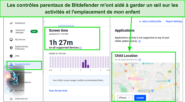 Capture d'&eacute;cran du tableau de bord des contr&ocirc;les parentaux de Bitdefender