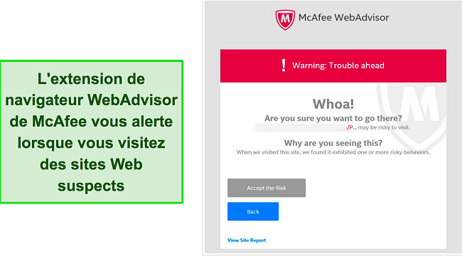 Capture d'&eacute;cran de McAfee WebAdvisor bloquant les menaces