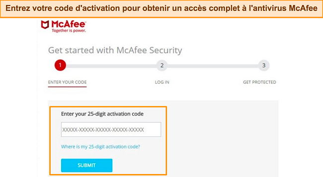 Capture d'&eacute;cran de la page d'activation de l'application McAfee