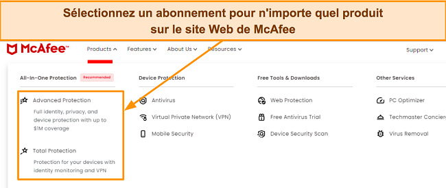 Capture d'&eacute;cran des plans d'abonnement premium de McAfee