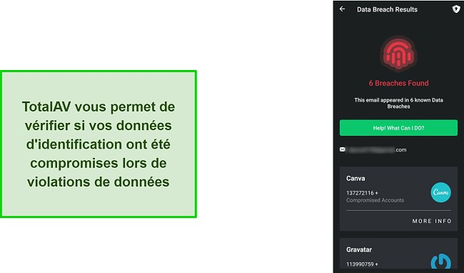 Capture d'&eacute;cran de la v&eacute;rification des violations de donn&eacute;es de TotalAV