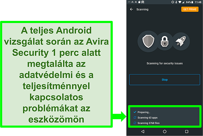 Pillanatk&eacute;p az előrehalad&aacute;s ellenőrz&eacute;s&eacute;ről az Android ingyenes Avira Security haszn&aacute;lat&aacute;val