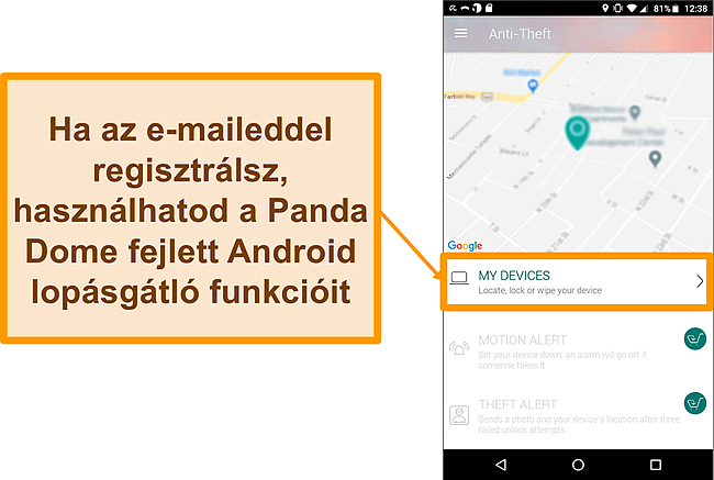 K&eacute;pernyők&eacute;p a Panda Dome lop&aacute;sg&aacute;tl&oacute; rendszer&eacute;ről Android mobil eszk&ouml;z&ouml;n