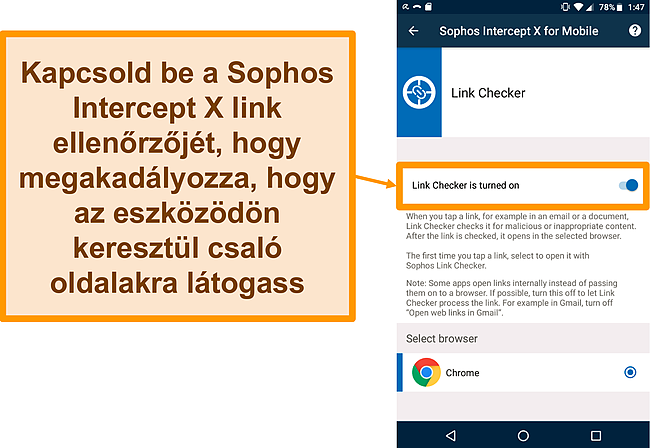 Pillanatk&eacute;p a Link Checkerről a Sophos Intercept X ingyenes Android alkalmaz&aacute;s&aacute;ban