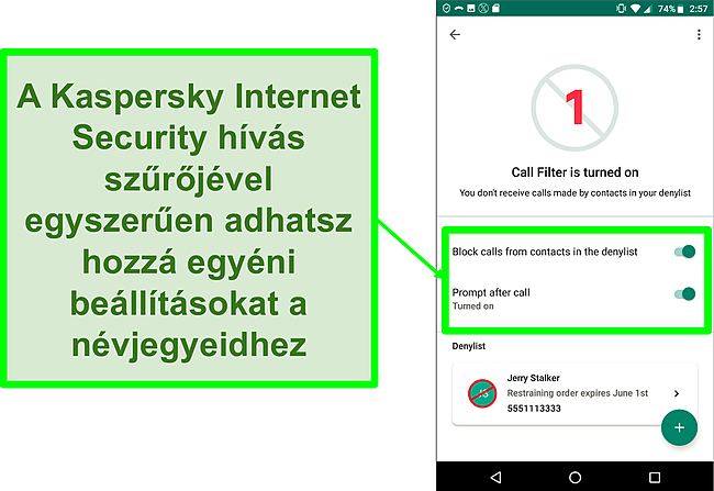 Pillanatk&eacute;p a Kaspersky Internet Security h&iacute;v&aacute;sszűrő funkci&oacute;j&aacute;r&oacute;l egy Android mobileszk&ouml;z&ouml;n