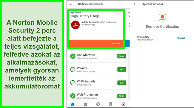 Pillanatk&eacute;p az Androidon v&eacute;gzett ellenőrz&eacute;sről, a Norton Mobile Security haszn&aacute;lat&aacute;val