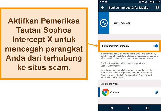 Tangkapan layar dari Pemeriksa Tautan di aplikasi Android gratis Sophos Intercept X
