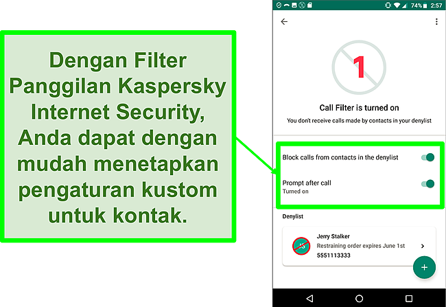 Cuplikan layar fungsi Filter Panggilan Kaspersky Internet Security di perangkat seluler Android