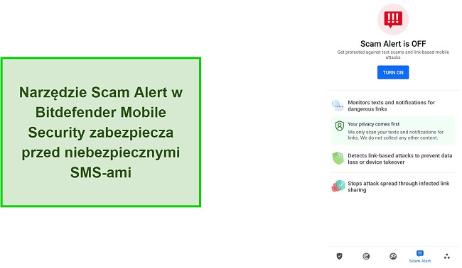 Zrzut ekranu z funkcją ostrzegania przed oszustwami w Bitdefender Mobile Security