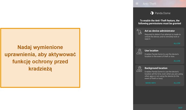 Zrzut ekranu z uprawnieniami dla funkcji antywłamaniowej w Panda Dome