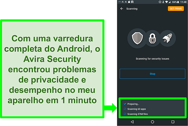 Captura de tela de uma verifica&ccedil;&atilde;o em andamento usando o Avira Security gratuitamente para Android