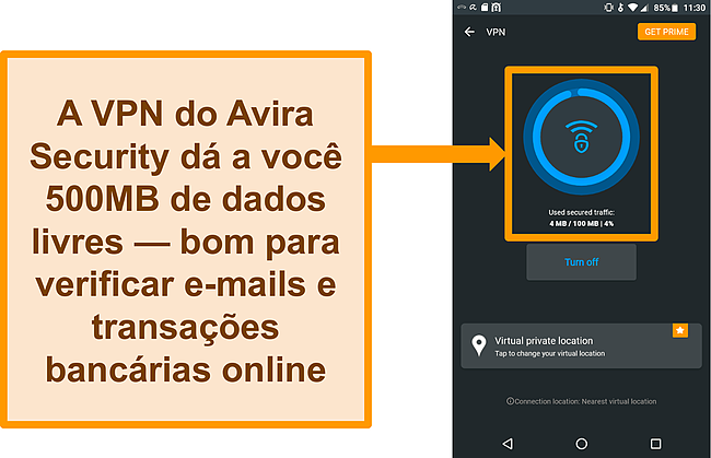 Captura de tela do VPN Android gratuito da Avira Security conectado