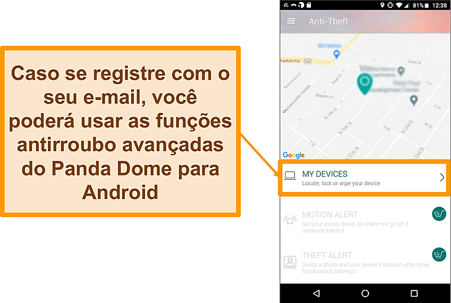 Captura de tela do sistema antifurto do Panda Dome em um dispositivo m&oacute;vel Android