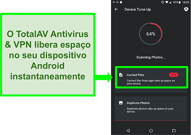 Captura de tela da fun&ccedil;&atilde;o de limpeza do dispositivo no TotalAV Antivirus e VPN para Android