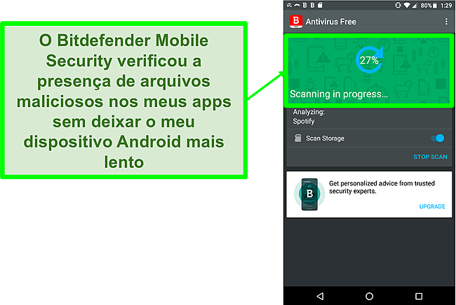 Captura de tela da vers&atilde;o gratuita do Bitdefender Mobile Security analisando um dispositivo m&oacute;vel Android