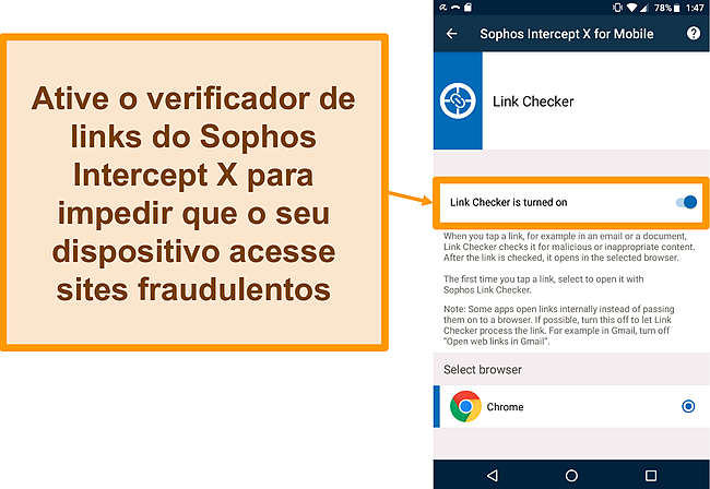 Captura de tela do Link Checker no aplicativo gratuito do Sophos Intercept X para Android