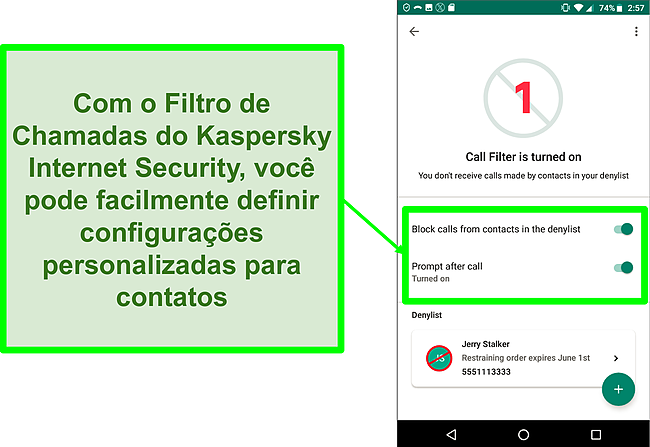 Captura de tela da fun&ccedil;&atilde;o Filtro de chamadas do Kaspersky Internet Security em um dispositivo m&oacute;vel Android