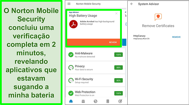 Captura de tela de uma varredura no Android usando o Norton Mobile Security