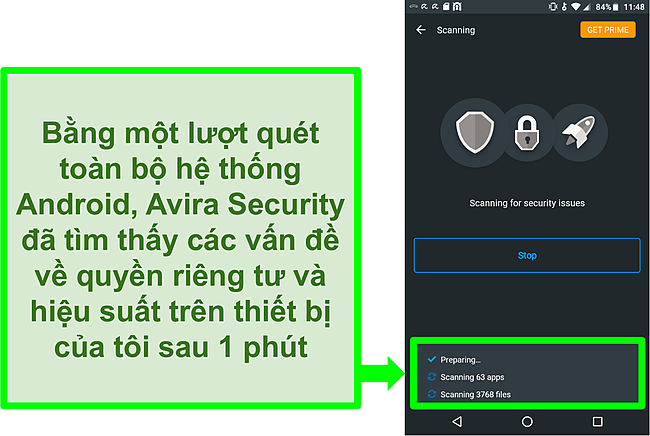 Ảnh chụp m&agrave;n h&igrave;nh qu&eacute;t tiến tr&igrave;nh sử dụng Avira Security miễn ph&iacute; cho Android