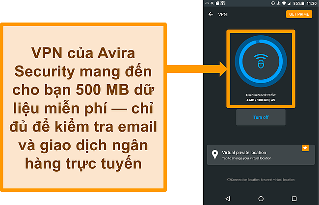 Ảnh chụp m&agrave;n h&igrave;nh của VPN Android miễn ph&iacute; được kết nối của Avira Security