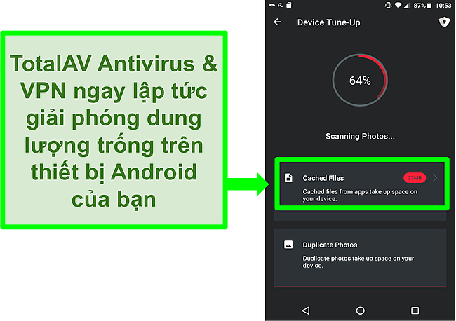 Ảnh chụp m&agrave;n h&igrave;nh chức năng dọn dẹp thiết bị trong TotalAV Antivirus v&agrave; VPN cho Android