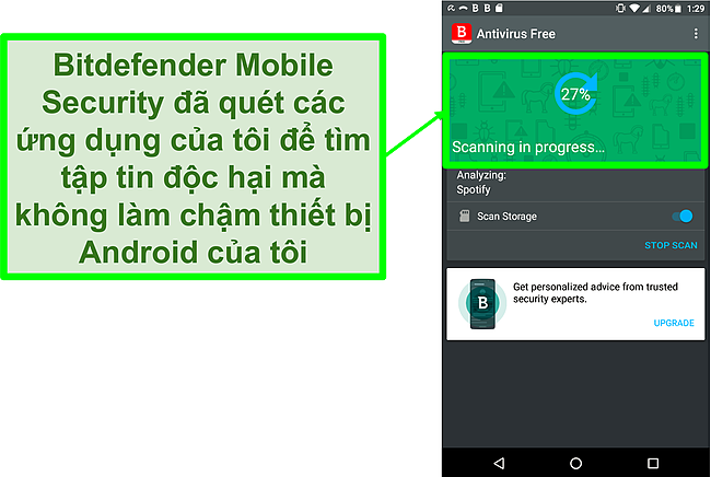 Ảnh chụp m&agrave;n h&igrave;nh của Bitdefender Mobile Security phi&ecirc;n bản miễn ph&iacute; qu&eacute;t thiết bị di động Android