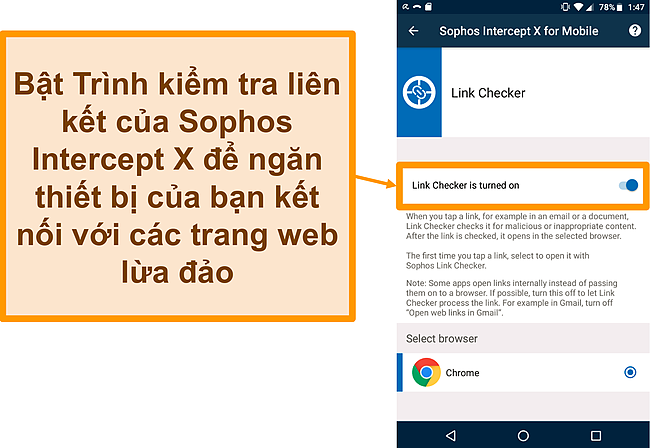Ảnh chụp m&agrave;n h&igrave;nh của Tr&igrave;nh kiểm tra li&ecirc;n kết tr&ecirc;n ứng dụng Android miễn ph&iacute; của Sophos Intercept X