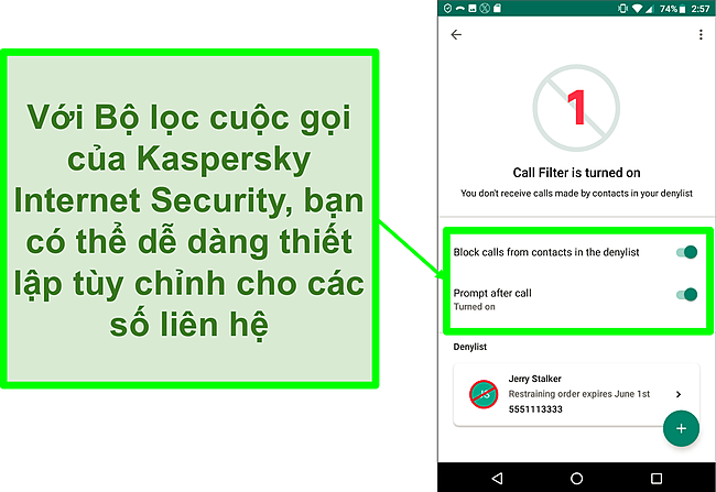Ảnh chụp m&agrave;n h&igrave;nh chức năng Lọc cuộc gọi của Kaspersky Internet Security tr&ecirc;n thiết bị di động Android