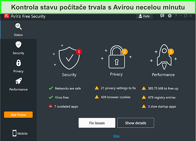 Sn&iacute;mek obrazovky aplikace Avira pro Windows se zobrazen&yacute;mi v&yacute;sledky skenov&aacute;n&iacute; stavu.