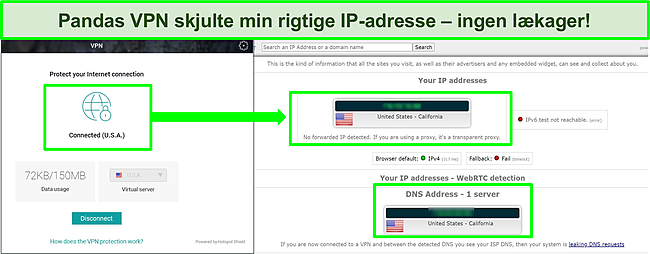 Sk&aelig;rmbillede af Pandas VPN tilsluttet en amerikansk server med resultaterne af en IP-l&aelig;kagetest, der ikke viser l&aelig;kager.