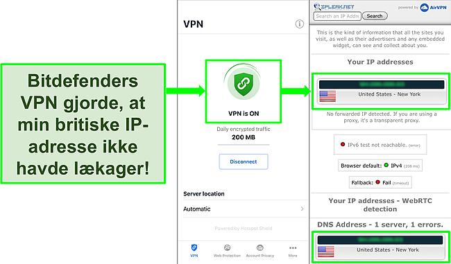 Sk&aelig;rmbillede, der viser Bitdefenders iOS VPN -funktion og resultaterne af en IP -l&aelig;kagetest, der ikke viser l&aelig;kager.