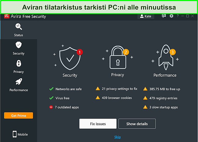Kuvakaappaus Aviran Windows -sovelluksesta, jossa n&auml;kyy tilan tarkistuksen tulokset.
