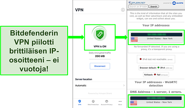 Kuvakaappaus, joka n&auml;ytt&auml;&auml; Bitdefenderin iOS VPN -ominaisuuden ja IP -vuototestin tulokset, jotka eiv&auml;t osoita vuotoja.